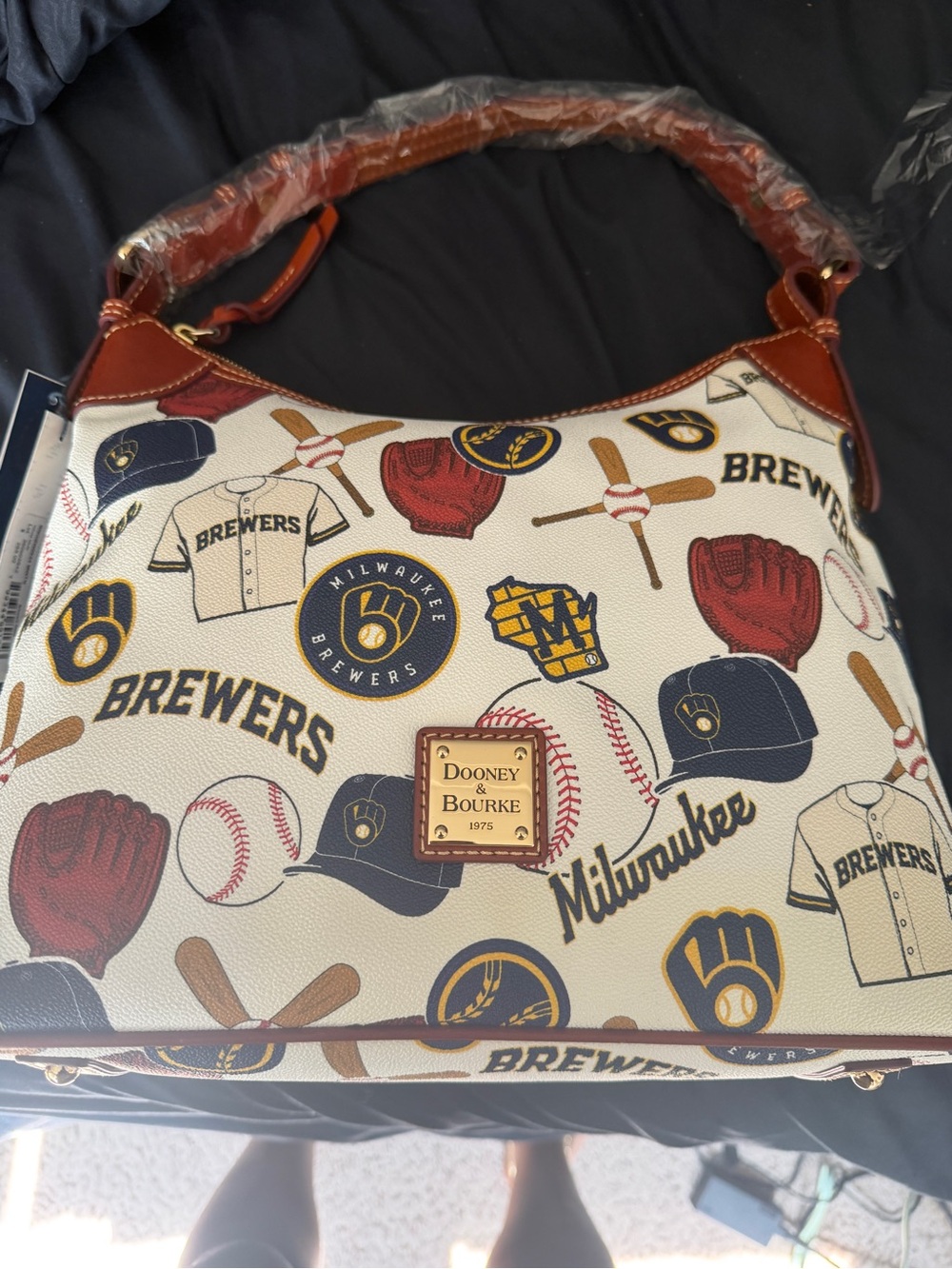 Dooney & Bourke Cream Milwaukee Brewers Print Shoulder Bag with Brown Trim